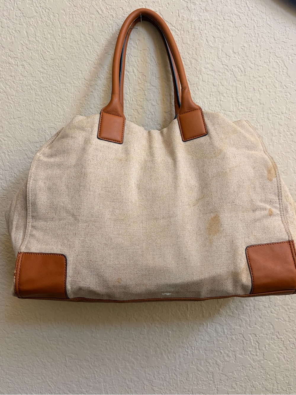 Tory Burch Beige Canvas Tote with Brown Leather Trim and Embroidered Medallion - Picture 11 of 15